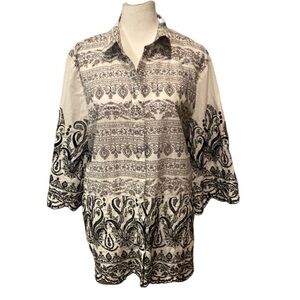 Chicos XLP (3P) Paisley Eyelet button-down 3/4 sleeve blouse. Black embroidery.